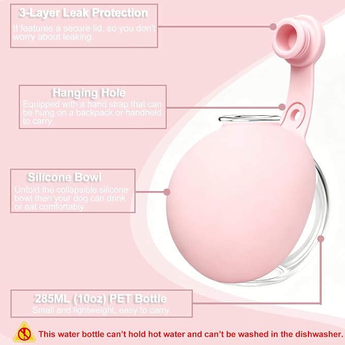 Dog Water Bottle Portable, 2in1 Round Dog Water Bowl PET 10oz