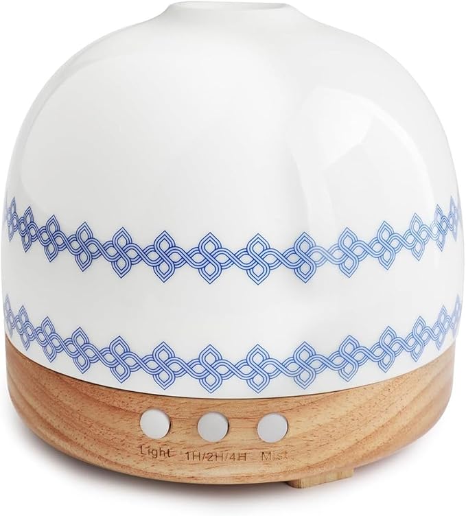 Aromatherapy Diffuser,300ML Handmade Essential Oil Ceramic Diffusers for Large Home with Cool Mist Humidifier & Night Light for Bedroom, Office, Yoga, Spa Women Gifts,Blue Flower