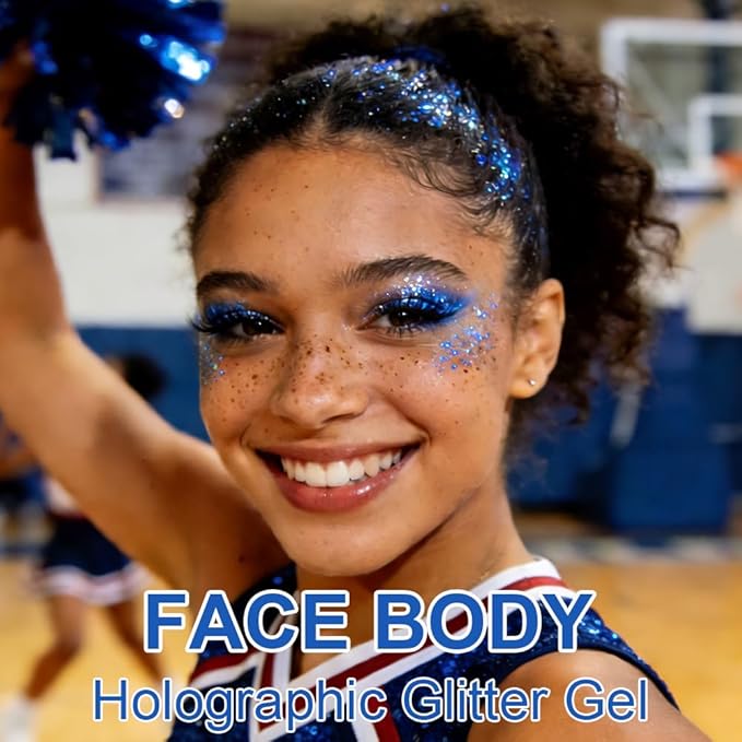 Blue Face Body Hair Glitter Gel for Women and Kids, Monochrome Holographic Mermaid Sequins Chunky Glitter Paint Makeup for Mardi Gras Halloween Festival Rave Outfits Accessories, 1.7oz, #01