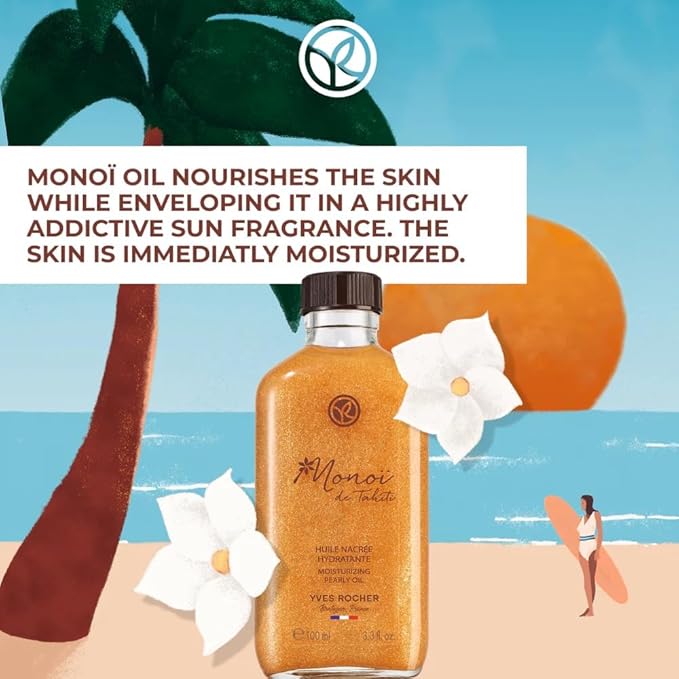 Yves Rocher Monoï de Tahiti Pearly Body Oil, Shimmering Moisturizing Body Oil with Tahitian Gardenia Scent, Deep Hydration, Subtle Glow & Radiance, Lightweight Non-Greasy, 100ml / 3.3 fl oz