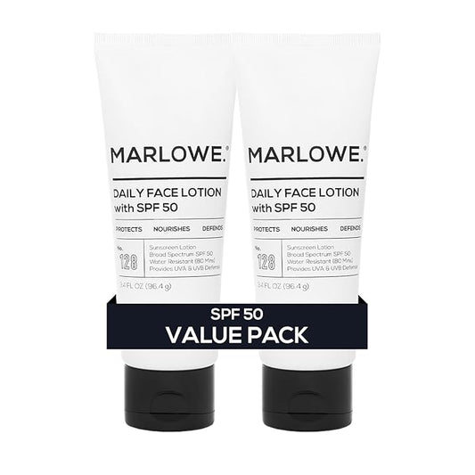 MARLOWE. No. 128 Men's Facial Lotion with Sunscreen SPF 50, 3.4 oz (2 Pack), Oil-Free, Lightweight Daily Face Moisturizer for Men, Includes Natural Extracts to Hydrate, Nourish & Soothe