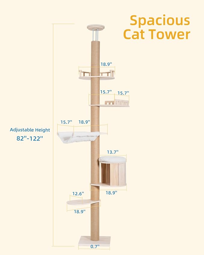 Aechonow 10.2ft Floor to Ceiling Cat Tree for Large Cats, Tall Cat Tower | with Scratching Post, Adjustable Height(82-122 in), Large Condo Cave Bed Hammock for Indoor Cats, Wood