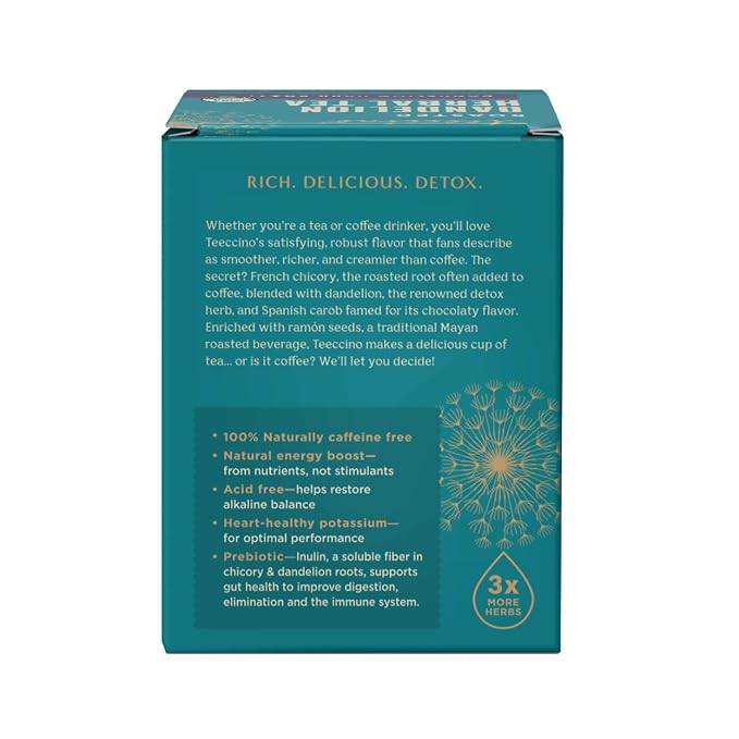 Teeccino Dandelion Tea – Dark Roast – Rich & Roasted Herbal Tea That’s Caffeine Free & Prebiotic with Detoxifying Dandelion Root, 10 Tea Bags (Pack of 4)