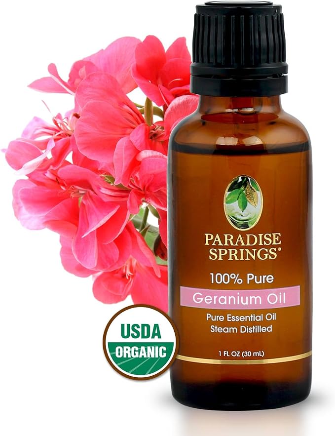 Paradise Springs Organic Geranium Essential Oil 1 fl oz (30ml) | 100% Pure & Natural Geranium Oil for Aromatherapy, Diffusers, Humidifiers, Massage & Home Fragrance