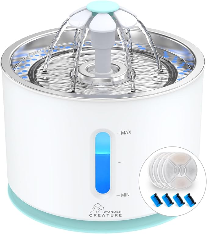 Wonder Creature Cat Water Fountain Stainless Steel Lid with 4 Filters, 81oz | 2.4L Pet Fountain with 4 Filters, 4 Sponges, Quiet Pump, Water Level Window, Stainless Steel Lid for Cats and Dogs