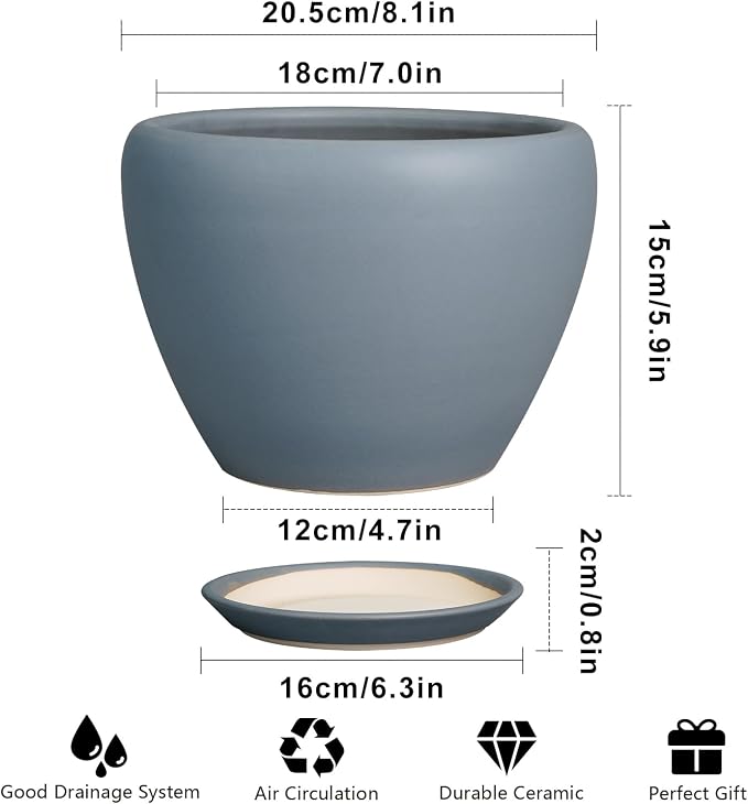 Ceramicfor Ceramic Pot for Plants - 8 Inch Plant Pot Indoor with Drainage Hole and Saucer Decorative Planter for Outdoor Plants Modern Flower Pot for Home Decor Garden Gray