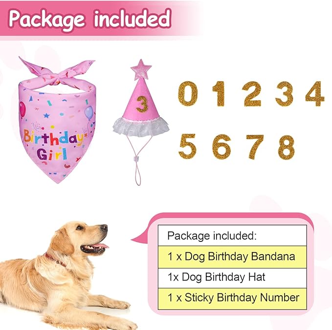 Dog Birthday Decorations,Dog Birthday Hat with Numbers,Dog Bandana | Dog Birthday Bandana for Large Medium Small,Pet Supplies (Pink), Dog Birthday Party, Soft, Breathable, Long-Lasting