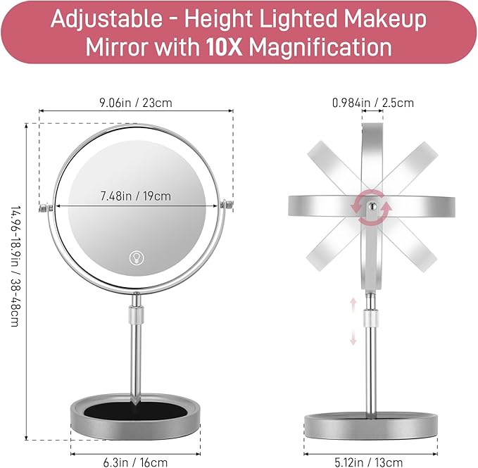 Rechargeable Adjustable-Height Lighted Vanity Mirror with 3 Color Lights, Touch Screen and Dimmable Settings 8-inch Dual-Sided 1X/10X and 360° Swivel Makeup Mirror with Jewelry Tray (Chrome)