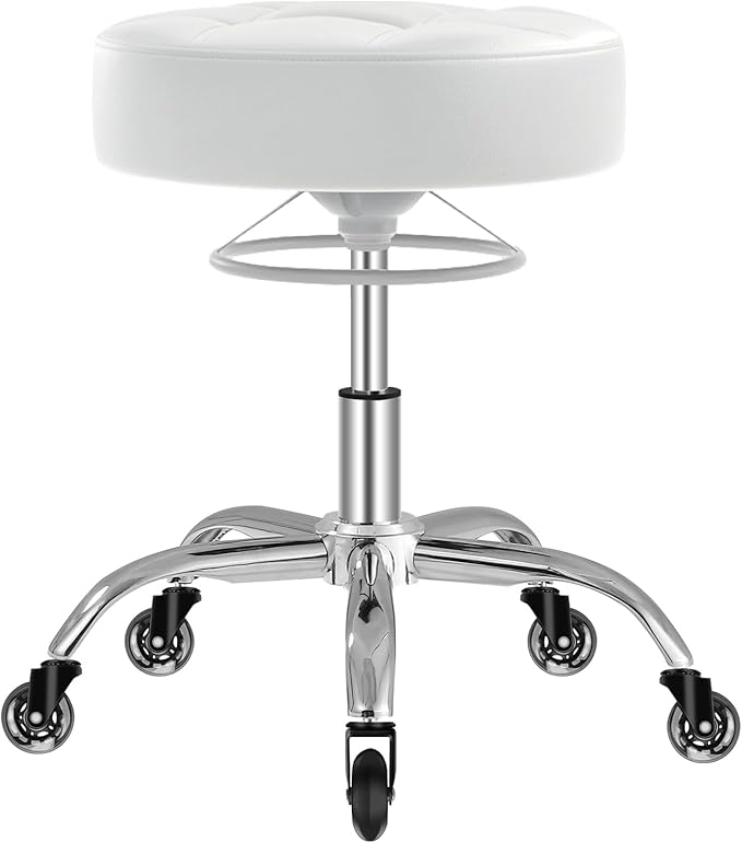 Rolling Stool Heavy Duty 400lb: Super Soft Seat Cushion,360° Swive,Height Adjustability,No Squeaky Noises,No Tip Over,New Upgraded Stool Salon stool Chair, Tattoo Facial Massage Spa Medical (White)