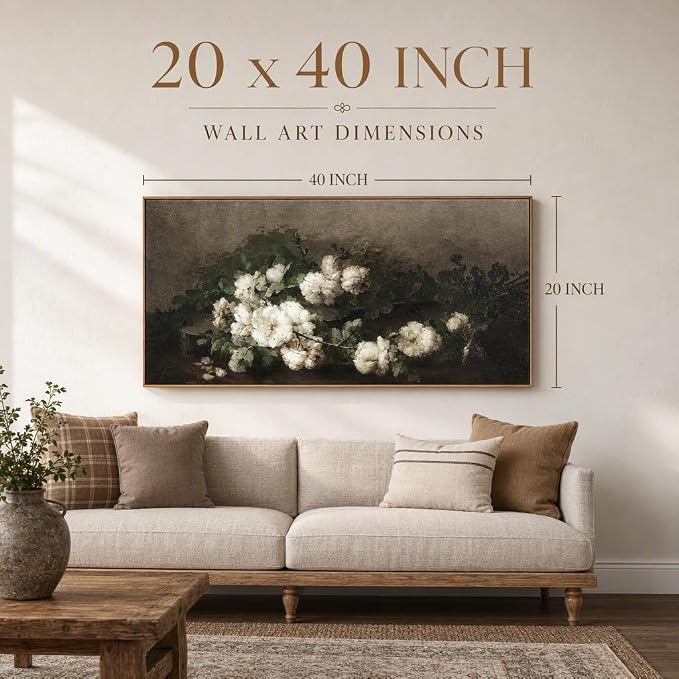DJSYLIFE Vintage Framed Wall Art, White Rose Still Life Painting,20x40 Inch | Large Floral Canvas Print, Classic Elegant Artwork, Living Room Wall Decor, Long Picture for Bedroom Above Bed, Ready to Hang