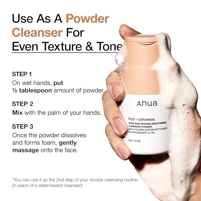 ANUA Rice Enzyme Brightening Cleansing Powder, Exfoliating Powder-to-Foam Cleanser, Smooth Texture & Clarity, Hydrating & Gentle Formula, Korean Skincare,1.41 fl.oz