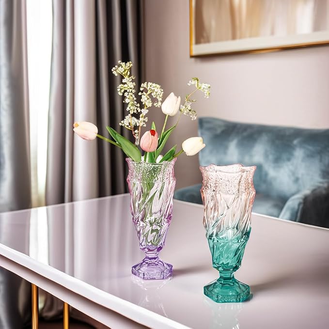 Glass Flower vase 2.4lb 9.5inch,Bohemian Style, for Centerpieces,Wedding,Home Decor Glass Vase (Green Pink)
