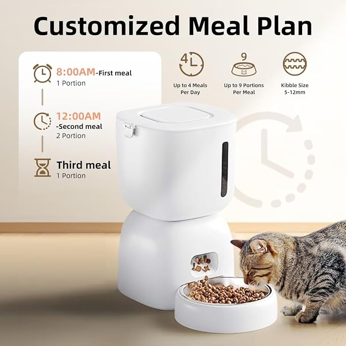 Casfuy 2-in-1 Automatic Cat Feeder & Water Fountain Set, White, 3-L & 2-L