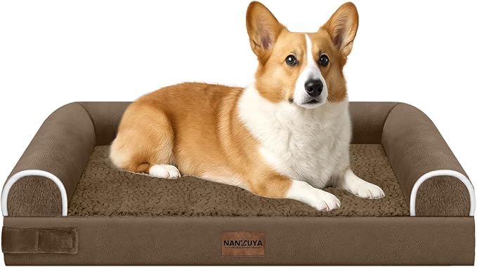 Orthopedic Dog Bed for Medium Dogs, 30 x 20 Inch, Dark Coffee | Egg crate foam for joint support, 3-sided bolster pet sofa, waterproof lining, washable cover, and non-skid base