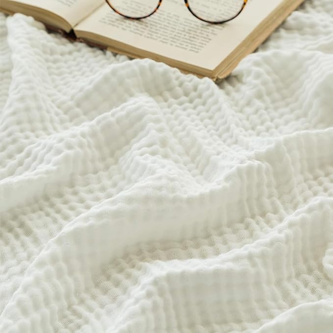EMME Muslin Blankets for Adults Throw Blanket for Couch Breathable Gauze Soft Lightweight Airy White Twin 60" x 80"