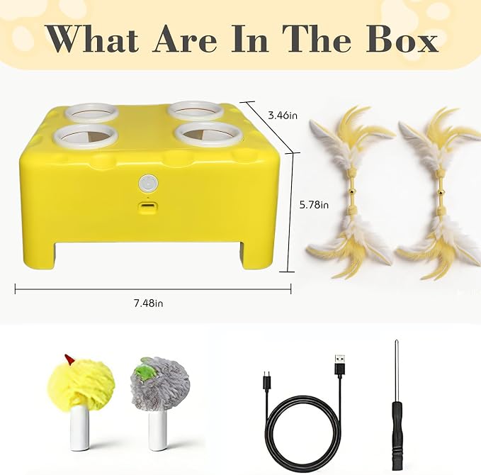Cheese Box Interactive Cat Toy for Indoor Cats, 3-in-1 Whack a Mole Feather Toy, 3 Modes Rechargeable Auto Cat Toys for Bored Cats, 4 Holes Kitten Toy, 4 Accessories