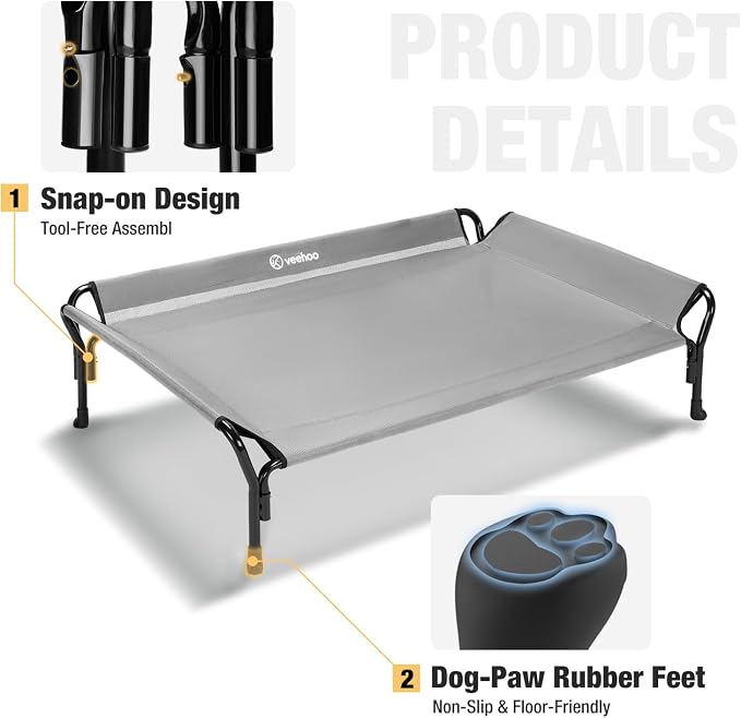 Veehoo Cooling Elevated Dog Bed, Raised Dog Cot with Guardrail & Headrest | Washable Dog Couch Bed for Indoor & Outdoor, Durable Breathable Teslin Mesh, Non-Slip Feet, Large 47" x 32", Grey