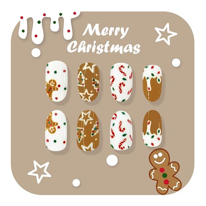 Christmas Press on Nails Gingerbread Man Glue on Nail Press ons with Candy Cane Design White Fake Nails Glossy Full Cover Artificial Acrylic Short Almond Stick on Nail for Women Xmas Manicure 24Pcs