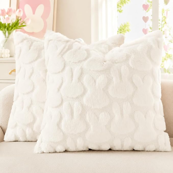 decorUhome Cream White Faux Fur Bunny Throw Pillow Covers 16x16 Set of 2 | Plush Soft Wool Jacquard Cream White Rabbit Cushion Covers, Modern Farmhouse Easter Holiday Decor PillowCases for Sofa Bed