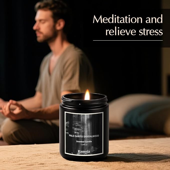 Palo Santo Sandalwood Scented Candle, Grounding Woody Aromatherapy for Meditation & Cleansing, Premium Matte Black Soy Wax Jar, Earthy Decor Gift for Men and Women, 7oz