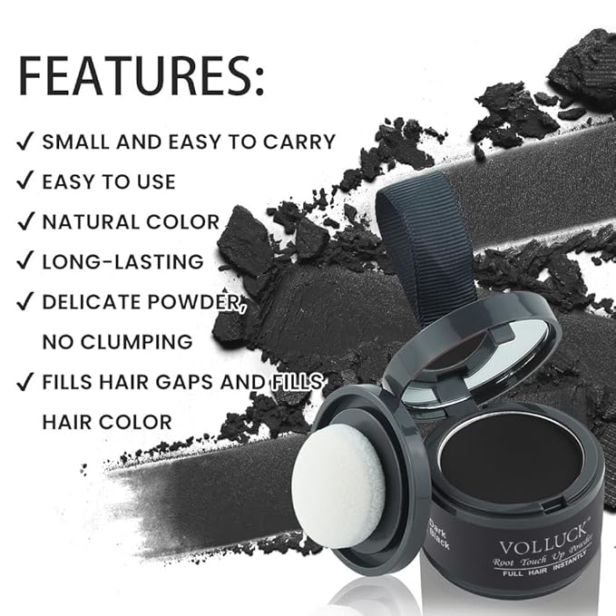 VOLLUCK Root Touch up Powder, Instant Hairline Powder for Thinning Areas and Gray Hair Coverage, Natural and Non-greasy Root Cover up for Women and Men (Dark Black, 0.14 Ounce)