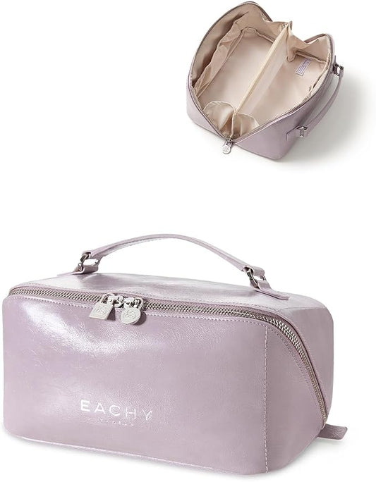EACHY Travel Makeup Bag, Large Capacity Cosmetic Bag for Women, Waterproof PU Leather, Flat Open Portable Toiletry Bag for Skincare, Brushes & Travel Essentials