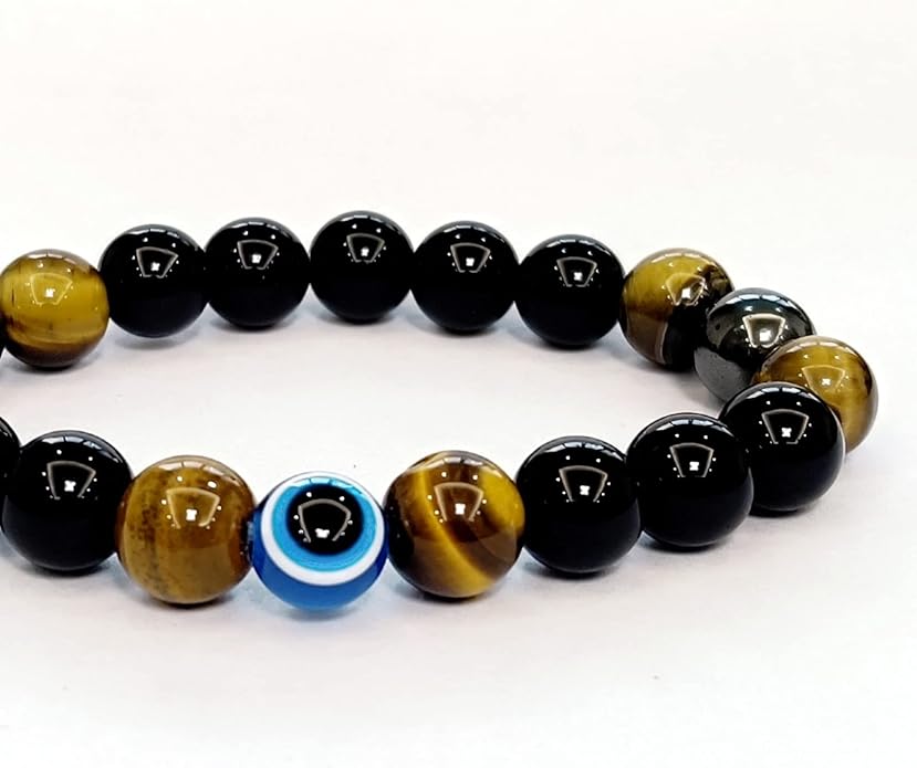 Evil Eye with Hematite Black Obsidian Tiger Eye Stone Triple Protection Bracelets for Men Women, Crystal Healing Stone Bracelet Bring Luck Prosperity and Happiness Jewelry