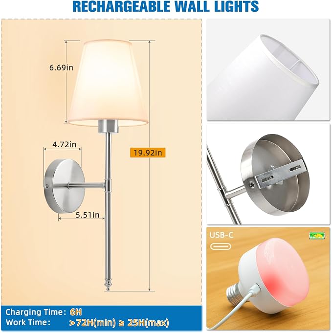 19.9 inch Battery Operated Wall Sconce Set of 2,Brushed Nickel Rechargeable Wall Lights with 10400mAh Dimmable Detachable Bulbs and Remote,10 Colors Wireless Sconces for Bedroom Living Room
