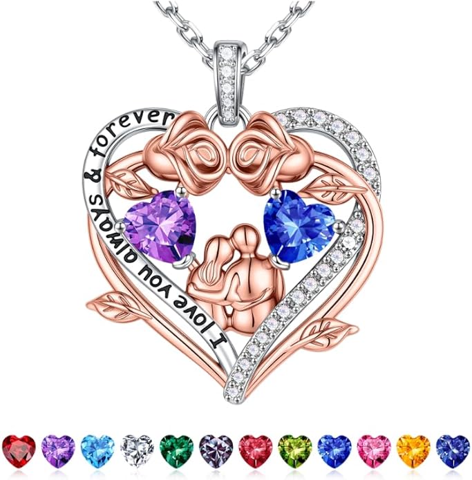 Iefil Valentines Gifts for Her Wife - 925 Sterling Silver Double Heart Birthstone Necklace, Anniversary Birthday Gifts for Women Wife Girlfriend