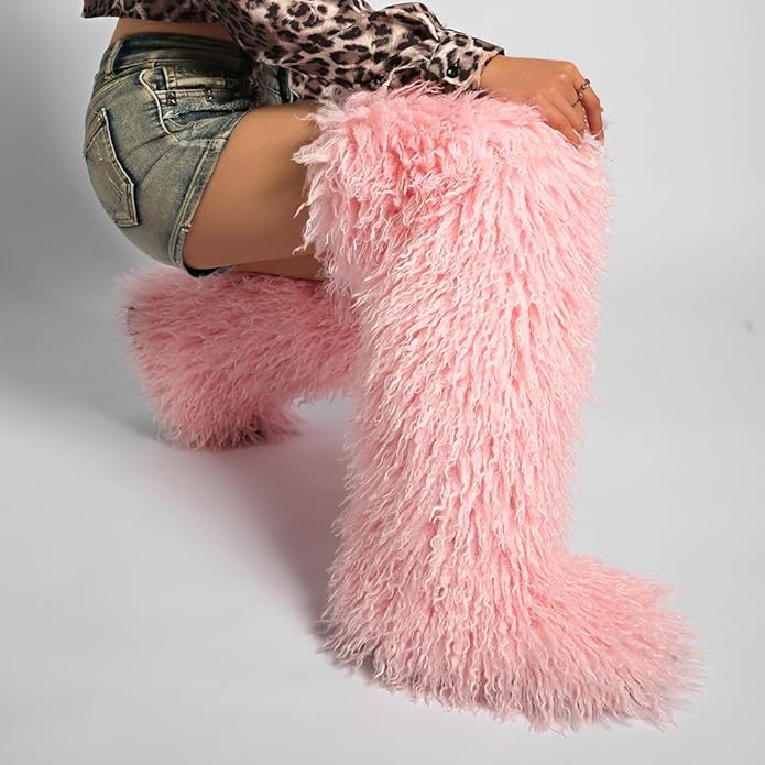SWEETHEART BEAUTY Thigh High Shagy Teddy Fur Boots, 29 Inch Over the Knee Length Fluffy High Boots, Tall Furry Shoes For Women