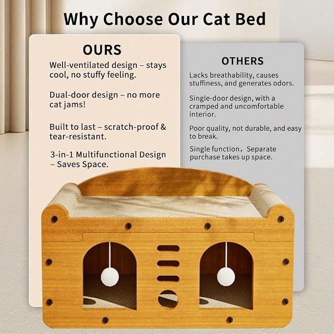 3-in-1 Scratcher Cat House – Save Your Furniture Combines Play Cave, Cozy Bed & Scratching Pad. Durable Cardboard, Reduces Stress. Ideal for Indoor Cats Who Love to Scratch, Play & Nap (MD-DOOR1)