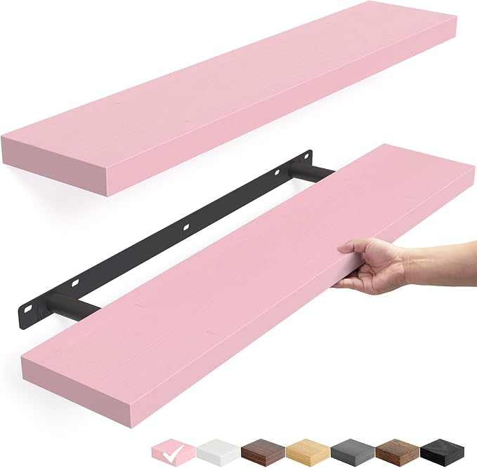 BAYKA Pink Floating Shelves 22.5in, Set of 2, Wall Mounted for Wall Decor | Easy Install, 22lbs Max Load, Hidden Bracket, Hanging Shelf for Books Nursery Plants Perfume Storage, Multi-Wall Compatible