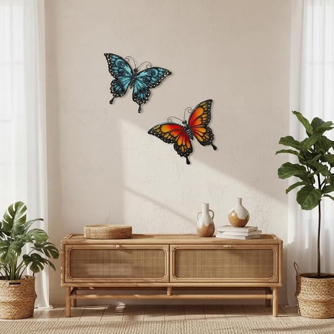 LIFFY Metal Butterfly Wall Decor,2Pack 12" Hanging Glass Butterfly Outdoor Decor,Home Orange Butterflies Decorative Ornaments Outside for Garden,Yard,Fence,Patio
