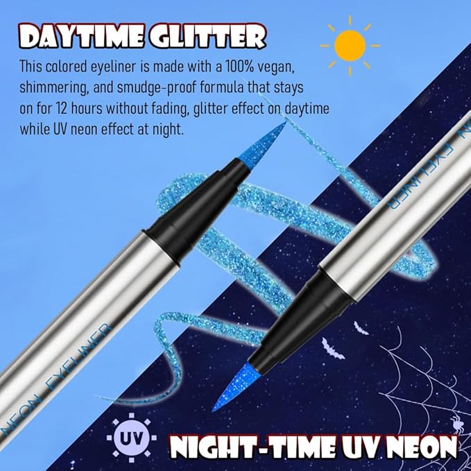 evpct Blue Shimmer Eyeliner UV Neon Gel Eyeliner Pencil Makeup, Rainbow Halloween Colored Colorful Gel Eye Liner Pen Glow in Dark Makeup, Long Lasting Waterproof Eyeliners for Face Body Painting
