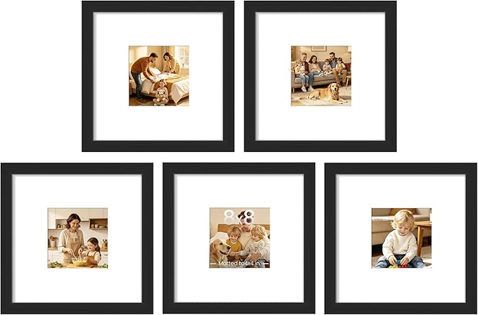 upsimples 8x8 Picture Frame, Gallery Wall Frames Set of 5, Black | Photo Frame Collage Wall Decor, 4x4 Picture Frame with Mat for Family, Baby, Hallway, Christmas
