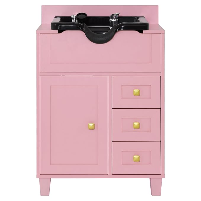 BarberPub Barber Storage Shampoo Station, Spa Textured Embossed Cabinet with Shampoo bowl & Drawers, Hair Salon Sink Backwash Equipment 7131 (Pink)
