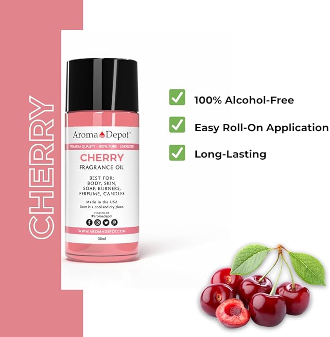 Aroma Depot Cherry Roll On Perfume Oil 10ml – Alcohol Free Fragrance Body Oil – Skin Safe, Phthalate Free, Travel Size 0.33 Fl Oz