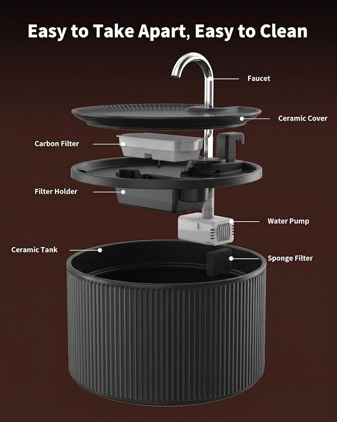 Wonder Creature Ceramic Cat Water Fountain 2.2L/74oz (Black) | Quiet Pet Fountain with BPA-Free Ceramic Material, Triple Filtration System, Easy Cleaning Design for Cats and Dogs