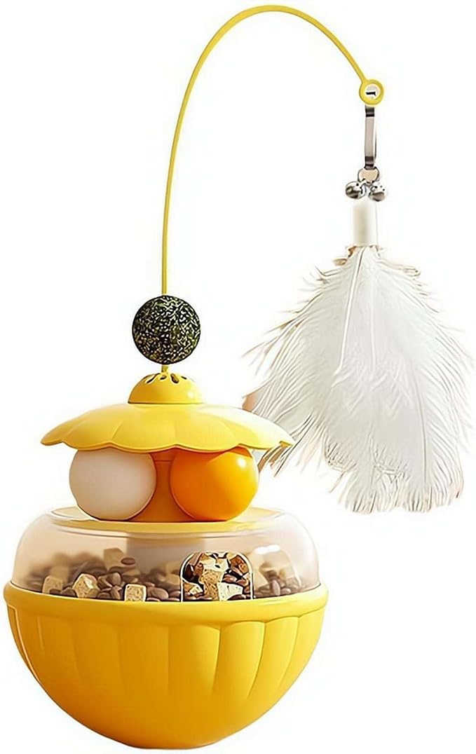 Cat Tumbler Food Dispenser Toy, 3-in-1 Slow Feeder Interactive Cat Puzzle with Dual Track Balls & Feather Wand, Self-Balancing Cat Treat Toy for Indoor Cats, Boredom Buster for Anxiety Relief