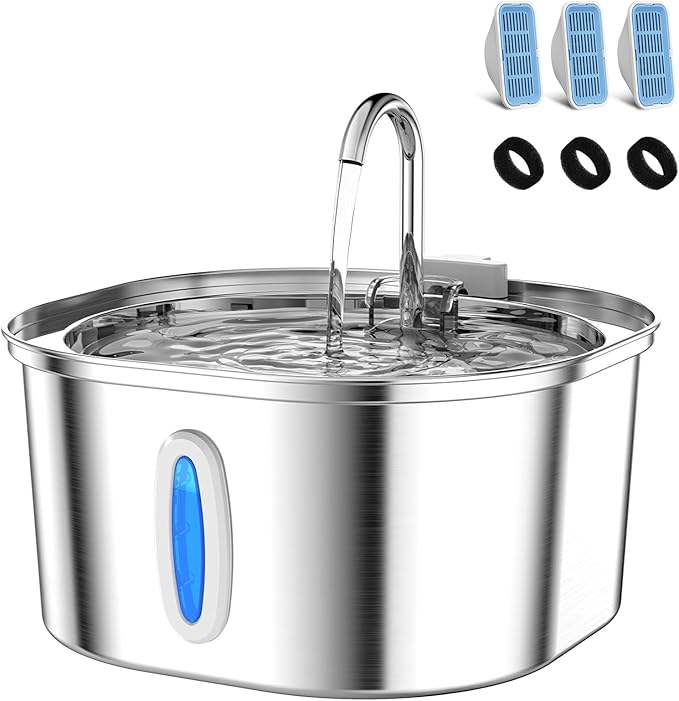 PEKTACO Stainless Steel Cat Water Fountain with 3 Filters, 3.2L/108oz | Cat drinking fountain, dishwasher safe, with triple filtration, quiet pump, and visible water window for cats and small pets