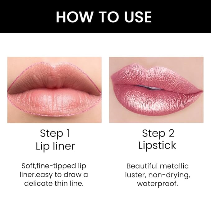 BINGBRUSH 3Pcs Double Ended Light Pink Rose Nude Brown Metallic Lip Liner and Lipstick Makeup Combo Set for Women, Lipliner 24 Hours Original Waterproof Long Lasting Lip Stains Pencil Kit Set