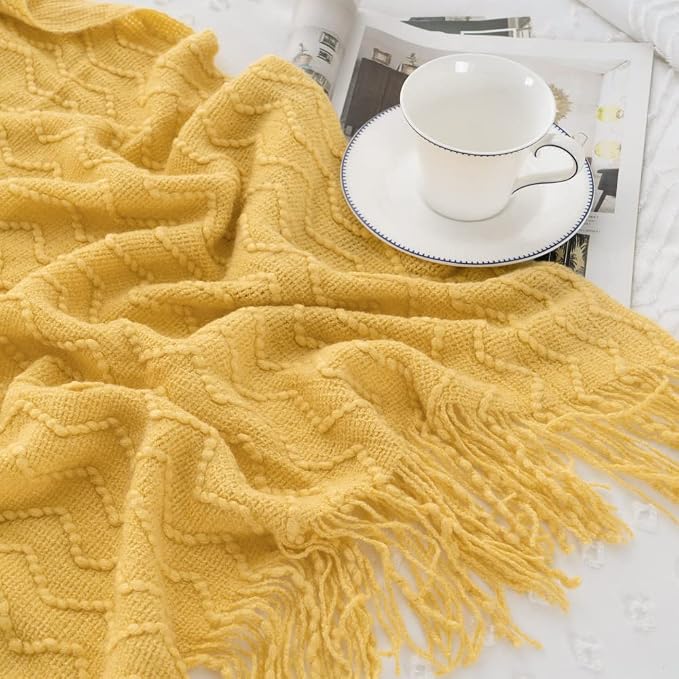 BATTILO HOME Yellow Throw Blanket for Couch, Textured Soft Gold Throw Blankets, Decorative Knitted Mustard Blanket for Sofa Bed Living Room, 50"x60"