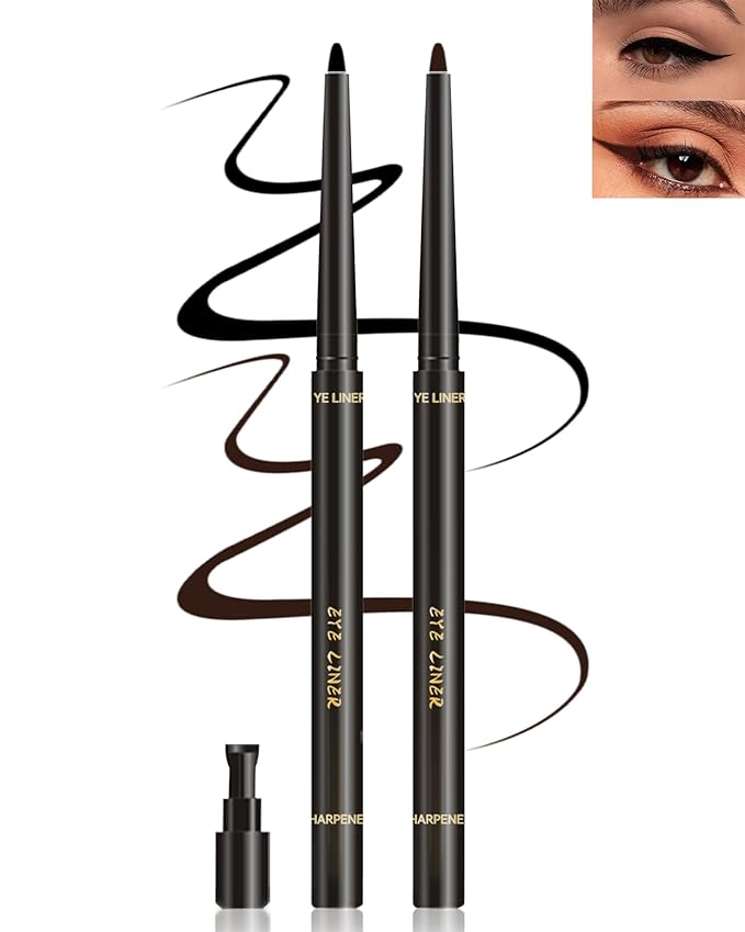 Gel Eyeliner Set for Mature Women Black Brown, Waterproof Smudge-proof Gel Eyeliner Pencil Long Lasting 24H Retractable Eye Makeup Liner Matte Cream Pen with Sharpener for Older Women Sensitive Eye