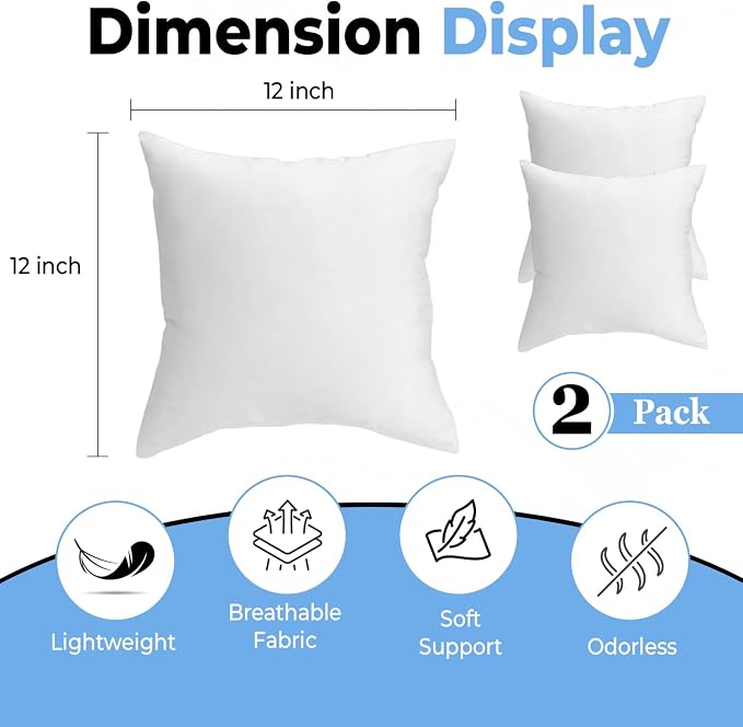QUBA LINEN Throw Pillow Inserts (Set of 2, White), 12x12 Inches - Premium Cushion Fillers for Sofa, Bed, and Home Décor (12x12 Inch (Pack of 2))