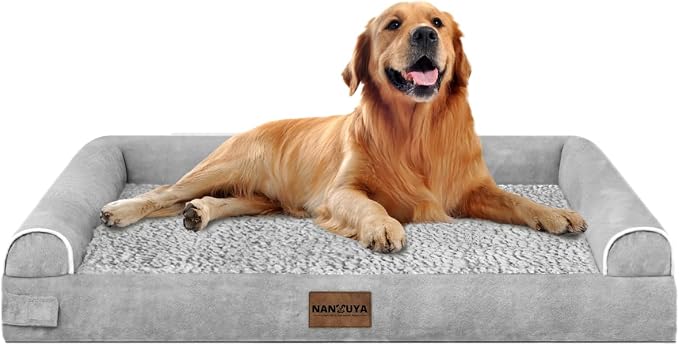 Orthopedic Dog Bed for X-Large Dogs, 40 x 32 Inch, Light Grey | Egg crate foam for joint support, 3-sided bolster pet sofa, waterproof lining, washable cover, and non-skid base