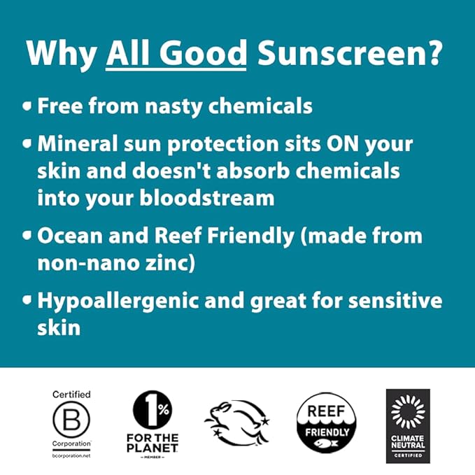 All Good Baby & Kids Mineral Sunscreen Butter Stick for Face, Nose, Ears - UVA/UVB Broad Spectrum SPF 50, Coral Reef Friendly, Water Resistant, Zinc Oxide, Coconut Oil, Vitamin E (2.75 oz)(3-Pack)