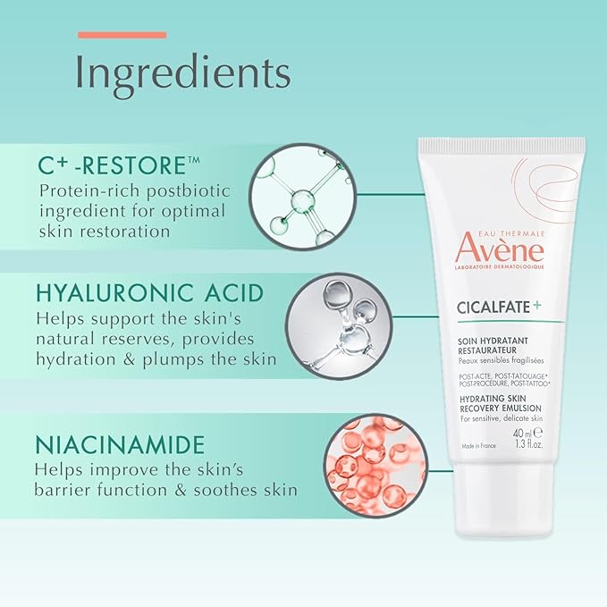 Avène Cicalfate+ Hydrating Skin Recovery Emulsion for post-procedure & post-tattoo,helps restore skin barrier,24hr hydration,1.3 Fl Oz,(Pack of 2)