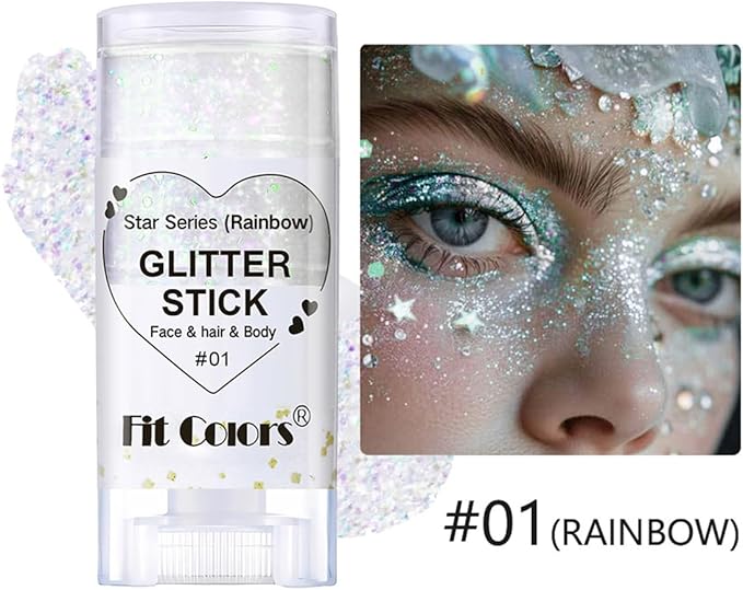 2Pcs Body Glitter Stick,Face Hair Glitter Christmas Makeup,Waterproof Sparkle Festival for Women and Girls,Rainbow and Gold