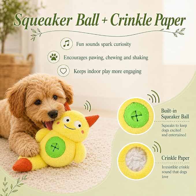 Cute Monster Plush Dog Chew Toy – Squeaky Ball, Crinkle Paper & Treat Dispenser, Washable Interactive Stuffed Toy for All Breeds, Relieves Boredom & Anxiety(Yellow)