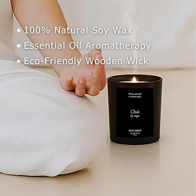 Spicy Series Soy Candle | 100% Natural Soy Wax, Essential Oil Aromatherapy | Eco-Friendly Wooden Wick and Reusable Jar | Carbon-Free | Handmade Gift Candle (Chai)